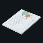 Vintager Heißluftballon nach oben und weg Elternte Notizblock<br><div class="desc">Dieses Notizblock ist ein lustiges Spiel für die Vintage Heißluftballon-Babydusche, das leicht zu zerreißen ist und eine Liste von Fragen enthält, um die Eltern vor der Zeit fragen (damit Sie die richtige Antwort kennen) und die Party dann zu fragen, wer einen Preis gewinnt. Editierbare Namen und Fragen geben Ihnen die...</div>