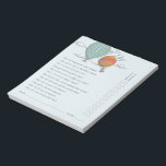 Vintager Heißluftballon nach oben und weg Elternte Notizblock<br><div class="desc">Dieses Notizblock ist ein lustiges Spiel für die Vintage Heißluftballon-Babydusche, das leicht zu zerreißen ist und eine Liste von Fragen enthält, um die Eltern vor der Zeit fragen (damit Sie die richtige Antwort kennen) und die Party dann zu fragen, wer einen Preis gewinnt. Editierbare Namen und Fragen geben Ihnen die...</div>