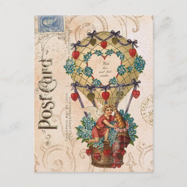 Vintager Heißluftballon Valentine Postkarte (Vorderseite)