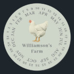 Vintager Hennenbesitz Datum Eierkarton grün Runder Aufkleber<br><div class="desc">Rustikale und einfache Hühnereier-Etiketten mit Ihrem Firmennamen in schwarz-moderner Typografie auf pastellgrünem Hintergrund mit einem stilvollen Vintagen Hühnerprint. Fügen Sie einfach den Namen Ihres Hausmeisters in das Etikett ein und umkreisen Sie das korrekte Datum Ihrer frischen Eier. Exklusiv für Sie entworfen von Happy Dolphin Studio. Wenn Sie Hilfe oder passende...</div>