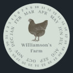 Vintager Hennenbesitz Datum Eierkarton grün Runder Aufkleber<br><div class="desc">Rustikale und einfache Hühnereier-Etiketten mit Ihrem Firmennamen in schwarz-moderner Typografie auf pastellgrünem Hintergrund mit einem stilvollen Vintagen Hühnerprint. Fügen Sie einfach den Namen Ihres Hausmeisters in das Etikett ein und umkreisen Sie das korrekte Datum Ihrer frischen Eier. Exklusiv für Sie entworfen von Happy Dolphin Studio. Wenn Sie Hilfe oder passende...</div>