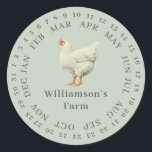 Vintager Hennenbesitz Datum Eierkarton grün Runder Aufkleber<br><div class="desc">Rustikale und einfache Hühnereier-Etiketten mit Ihrem Firmennamen in schwarz-moderner Typografie auf pastellgrünem Hintergrund mit einem stilvollen Vintagen Hühnerprint. Fügen Sie einfach den Namen Ihres Hausmeisters in das Etikett ein und umkreisen Sie das korrekte Datum Ihrer frischen Eier. Exklusiv für Sie entworfen von Happy Dolphin Studio. Wenn Sie Hilfe oder passende...</div>