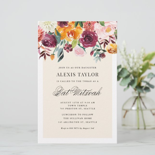Vintager Herbst Blooms Bat Mitzvah Einladung (Stehend Vorderseite)