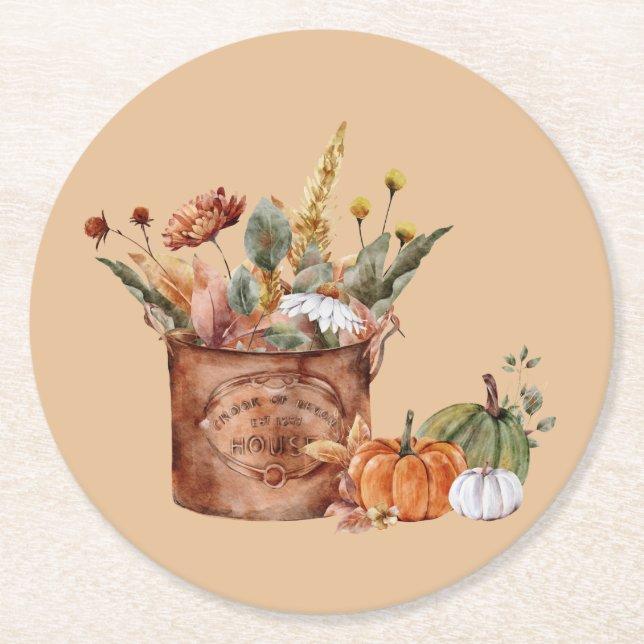 Vintager Herbst - Blumenarrangements & Pumpkins Runder Pappuntersetzer (Vorderseite)