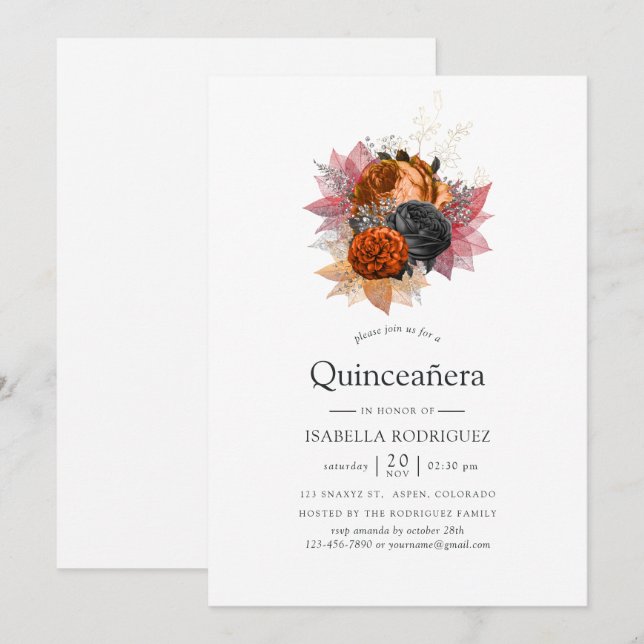 Vintager Herbst Floral Bouquet Quinceañera Einladung (Vorne/Hinten)