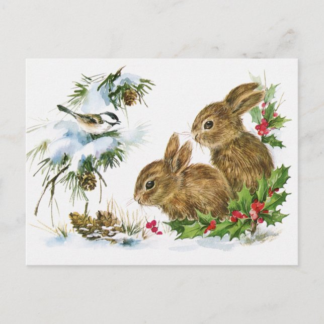 Vintager Holiday Bird und Bunnies Feiertagspostkarte (Vorderseite)