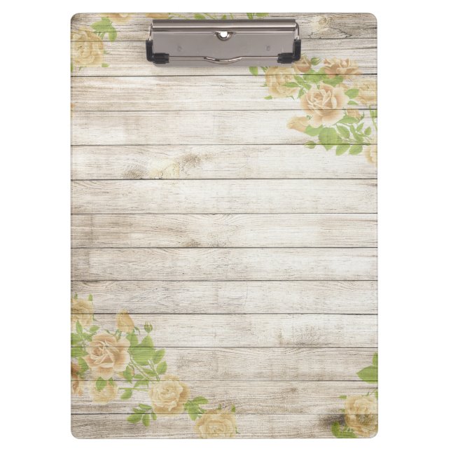 Vintager Holzhintergrund Moderne Gelbe Rosen Klemmbrett (Vorderseite)