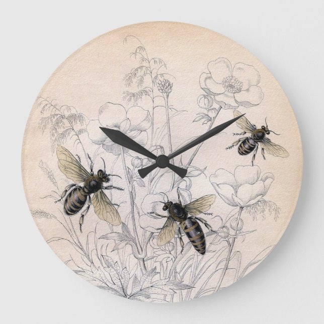 Vintager Honig-Bienen-Kunst-Druck Große Wanduhr (Vorderseite)