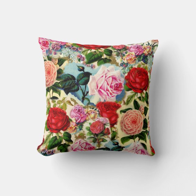 Vintager Hübscher Chic Blumengarten Rose Collage Kissen (Vorderseite)