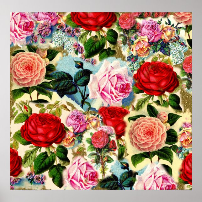 Vintager Hübscher Chic Blumengarten Rose Collage Poster (Vorne)