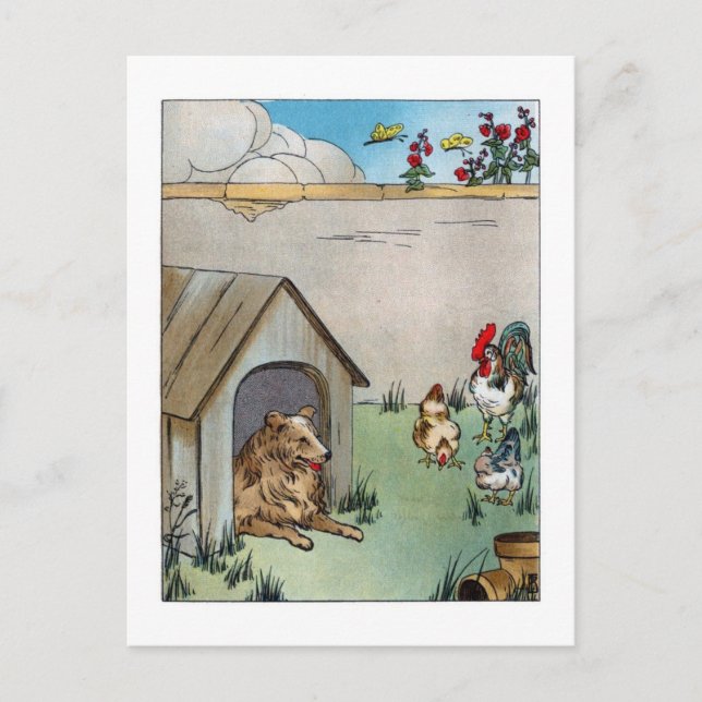 Vintager Hund und Hühner Postkarte (Vorderseite)
