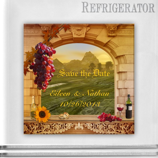 Vintager italienischer Weinbergsfall Retten Sie da Magnet (Save the Date magnet featuring a fall winery or vineyard with Roman arch, grapes, wine and sunflower)
