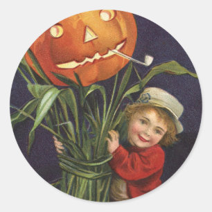 Vintager Jack-o-Lantern Cornstalk und Boy Hallowee Runder Aufkleber