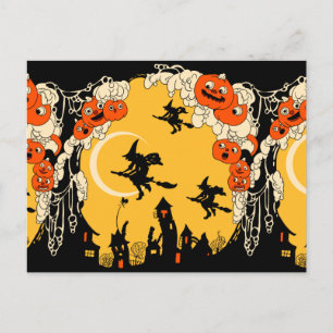 Vintager Jack o' Lanurns und Fliegende Hexen Postkarte