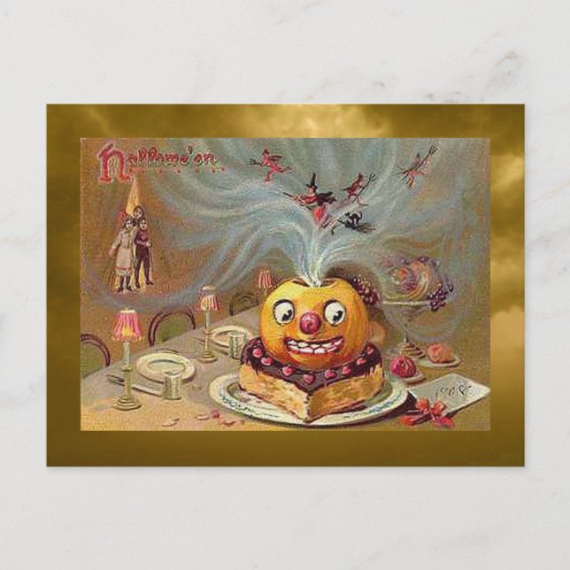 Vintager Jack o'Lantern mit Hexen Postkarte (Vorderseite)