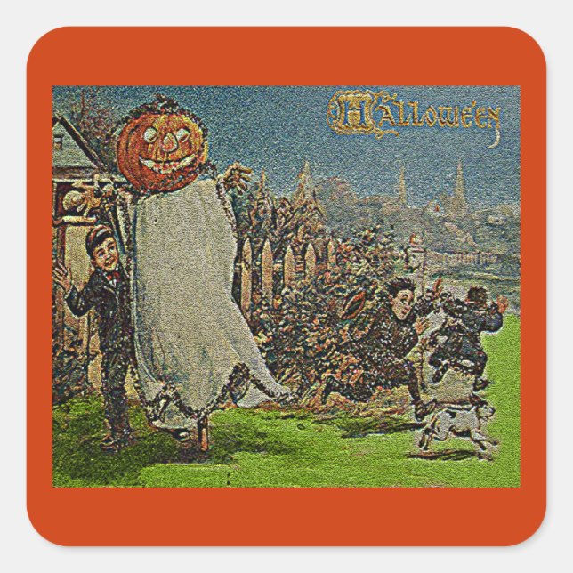 Vintager Jack o'Lantern Scarecrow and Boys Quadratischer Aufkleber (Vorderseite)