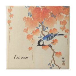 Vintager japanischer Aquarelldruck mit Vogel Fliese