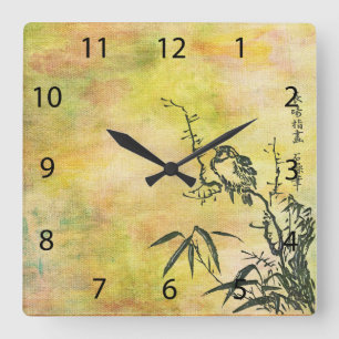 Vintager Japanischer Bird Quadratische Wanduhr