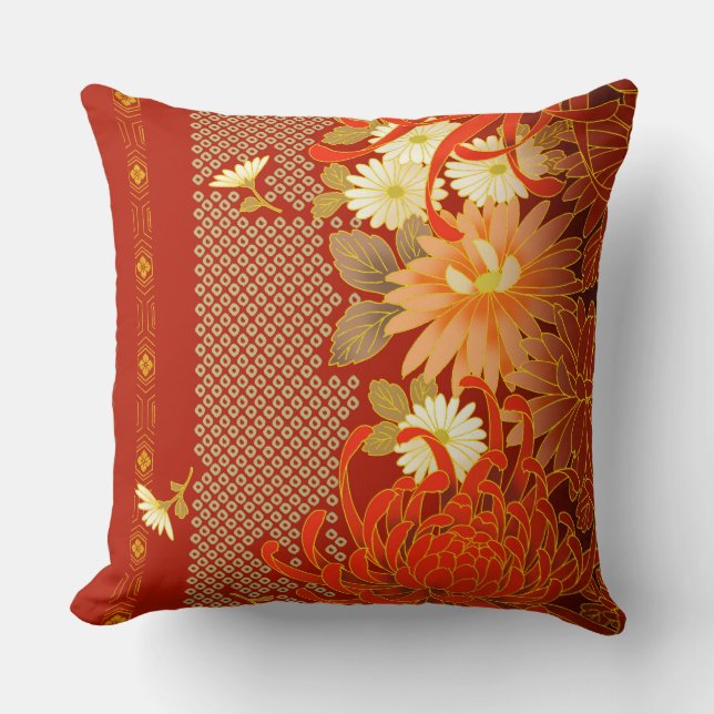 Vintager japanischer Blumenentwurf Kissen (Vorderseite)