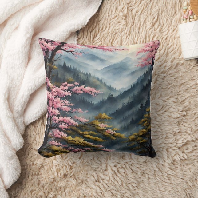 Vintager Japanischer Cherry Blossom Forest Waterco Kissen (Decke)