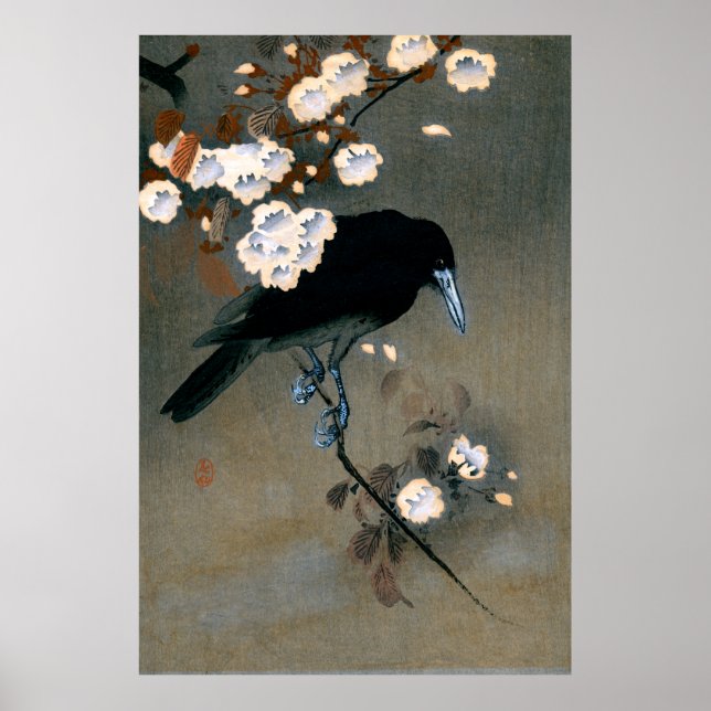 Vintager japanischer Crow und Blossom-Holzblock-Dr Poster (Vorne)