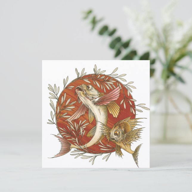 Vintager japanischer Fisch und Bambus-Blätter Kuns Einladung (Stehend Vorderseite)