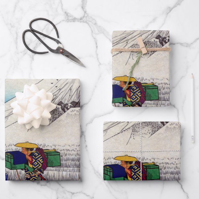 Vintager japanischer Mount Fuji Woodblock Print Geschenkpapier Set (Vorderseite)