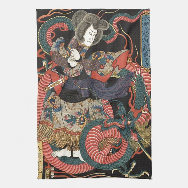 Vintager japanischer roter Drache Geschirrtuch (Vertikal)