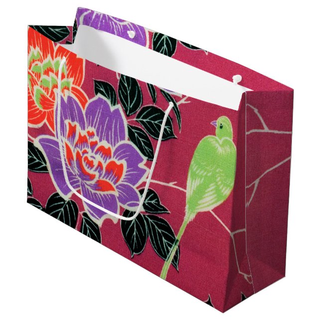 Vintager japanischer Vogel und Blume Große Geschenktüte (Vorderseite Schrägansicht)