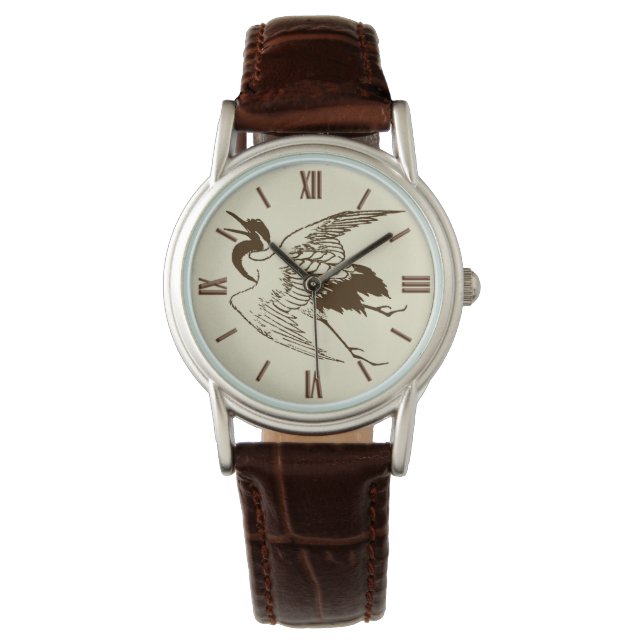Vintager japanischer Zeichn eines Krans, braun Armbanduhr (Vorderseite)