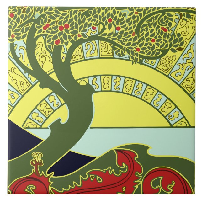 Vintager Jugendstil-Tree & Sunset by G. Combaz Fliese (Vorderseite)