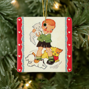 Vintager Junge, der ein Kätzchen mit Racing Welpen Keramikornament