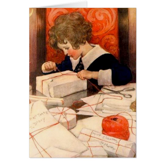 Vintager Junge, der Geschenke einwickelt Karte