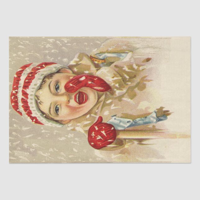 Vintager Junge im Schnee Seidenpapier (Vorderseite)