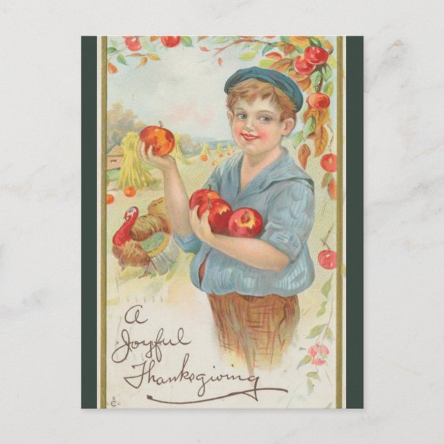 Vintager Junge mit Äpfeln Erntedank Postkarte (Vorderseite)