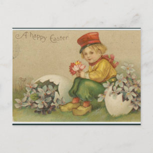 Vintager Junge mit Blume und EierOstern Postkarte