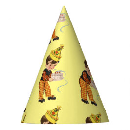 Vintager Junge mit Geburtstagskuchen Partyhütchen