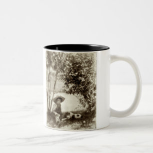 Vintager Junge mit Hund an der Erholung Keramik Ta Zweifarbige Tasse