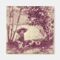 Vintager Junge mit Hund auf Erholung Magnet