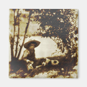 Vintager Junge mit Hund auf Erholung Magnet