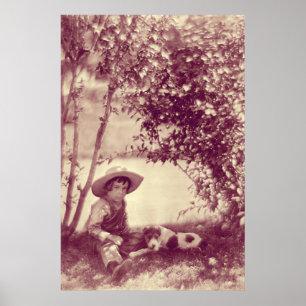 Vintager Junge mit Hund auf Erholung Poster