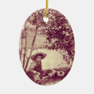 Vintager Junge mit Hund in der Erholung Keramikornament