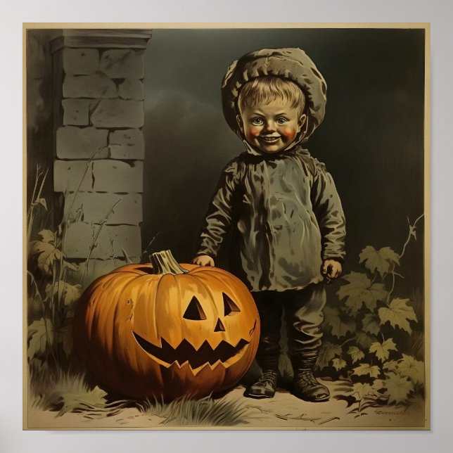 Vintager Junge mit Pumpkin Poster (Vorne)