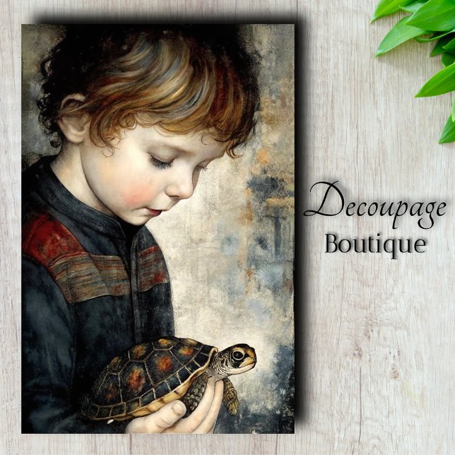 Vintager Junge mit Schildkrötenportrait Decoupage Seidenpapier (Vintage Boy with Turtle Portrait Decoupage Tissue Paper)