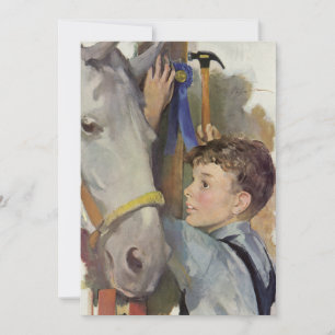 Vintager Junge mit seinem blauen Ribbon-Siegespfer