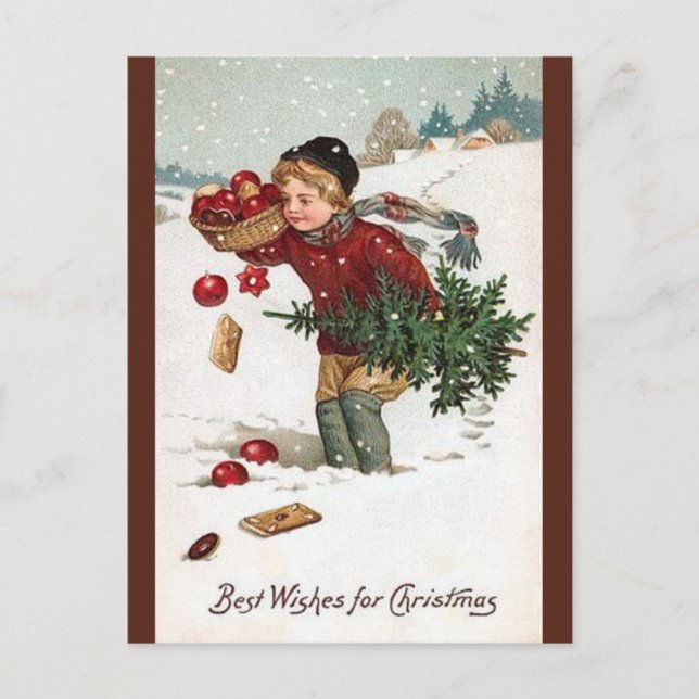 Vintager Junge mit Weihnachtsbaum Weihnachtskarte Postkarte (Vorderseite)
