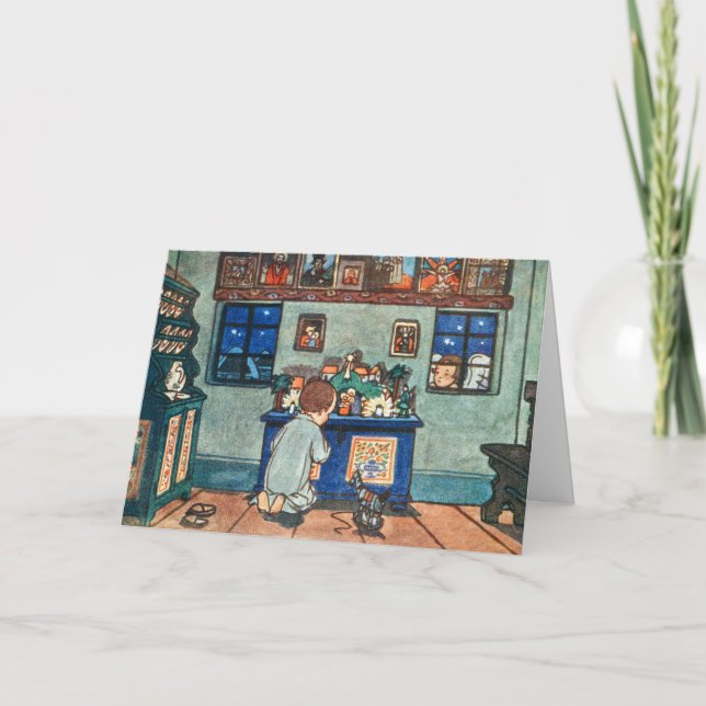 Vintager Junge mit Weihnachtsspielzeug-Malerei Feiertagskarte (Vorderseite)