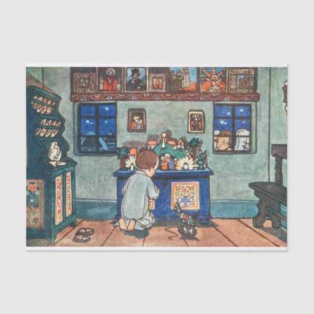 Vintager Junge mit Weihnachtsspielzeug-Malerei Seidenpapier (Vorderseite)