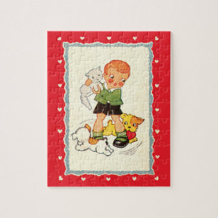 Vintager Junge Rette ein Kätzchen von Racing Welpe