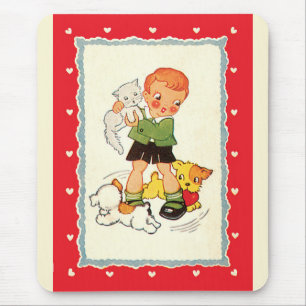 Vintager Junge Rette ein Kätzchen von Racing Welpe Mousepad
